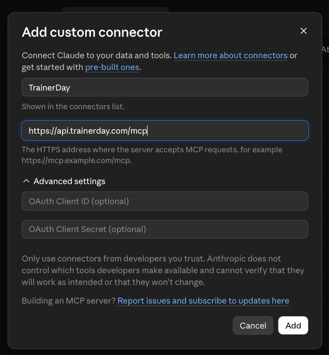 Add custom connector dialog with TrainerDay name and URL filled in